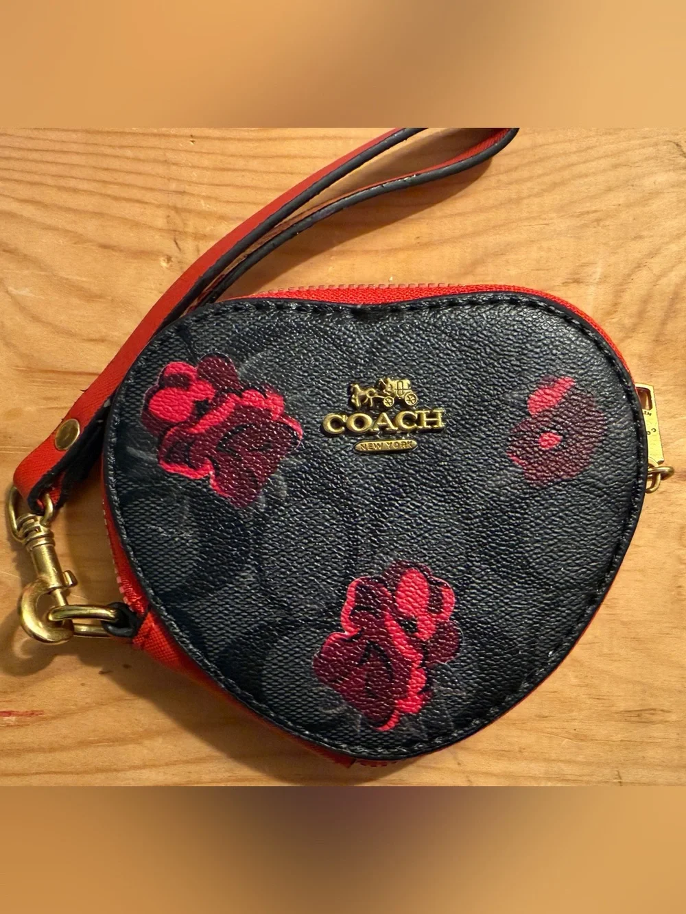 COACH Black Heart Wristlet with Red Floral Print